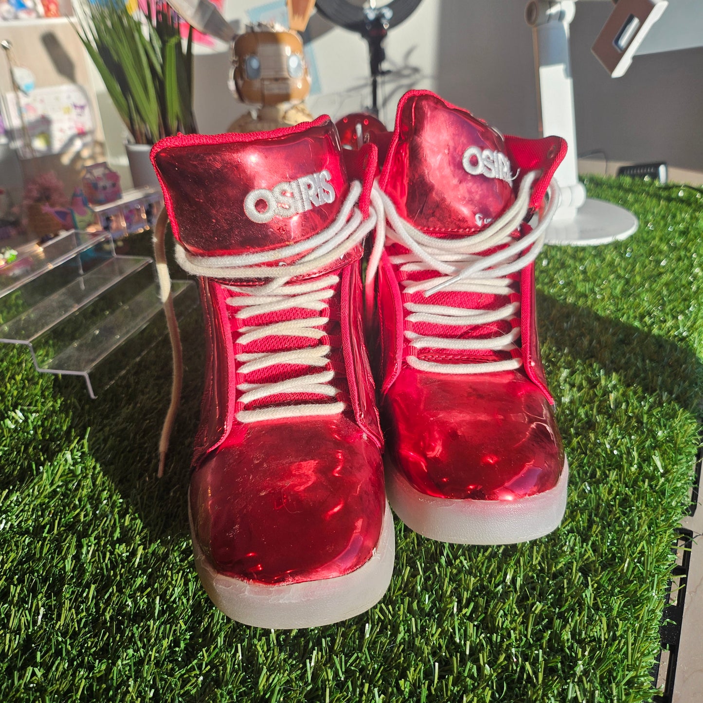 red shiny sneakers