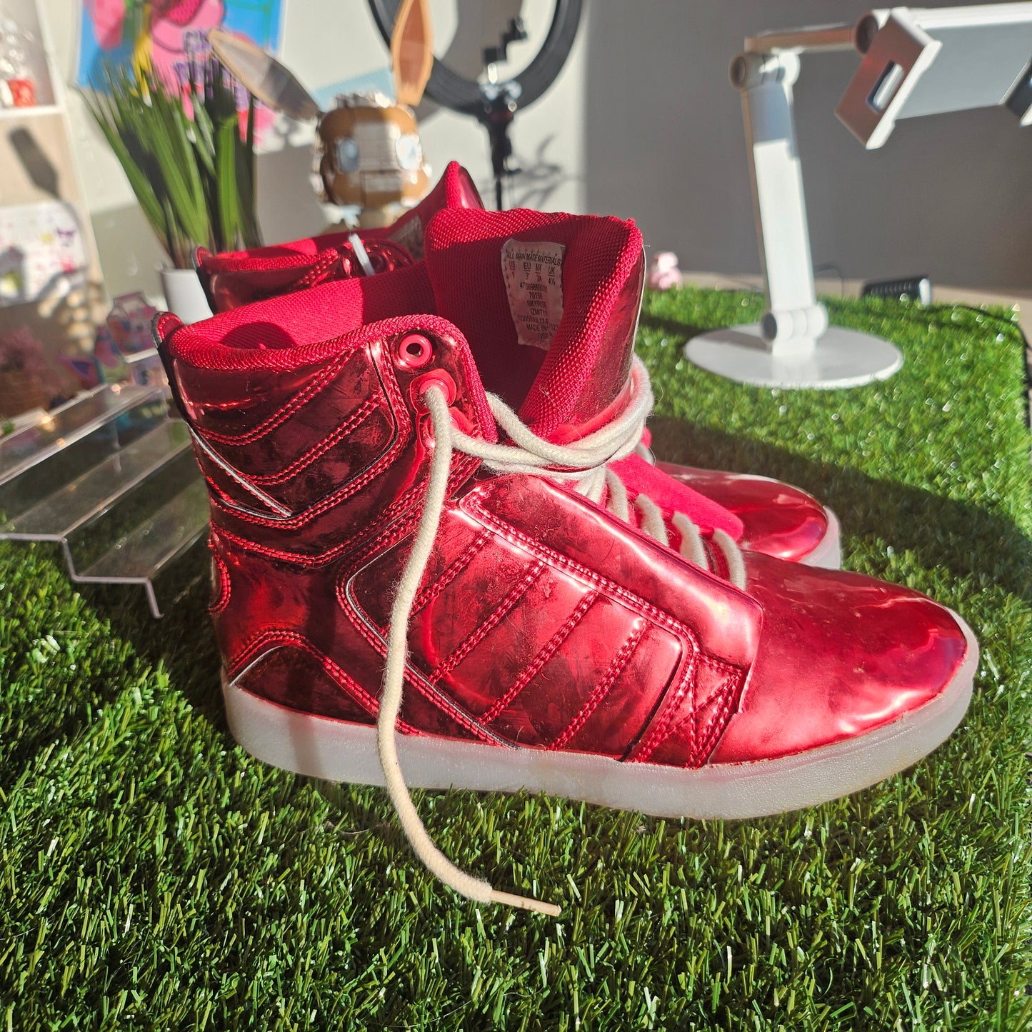 red shiny sneakers